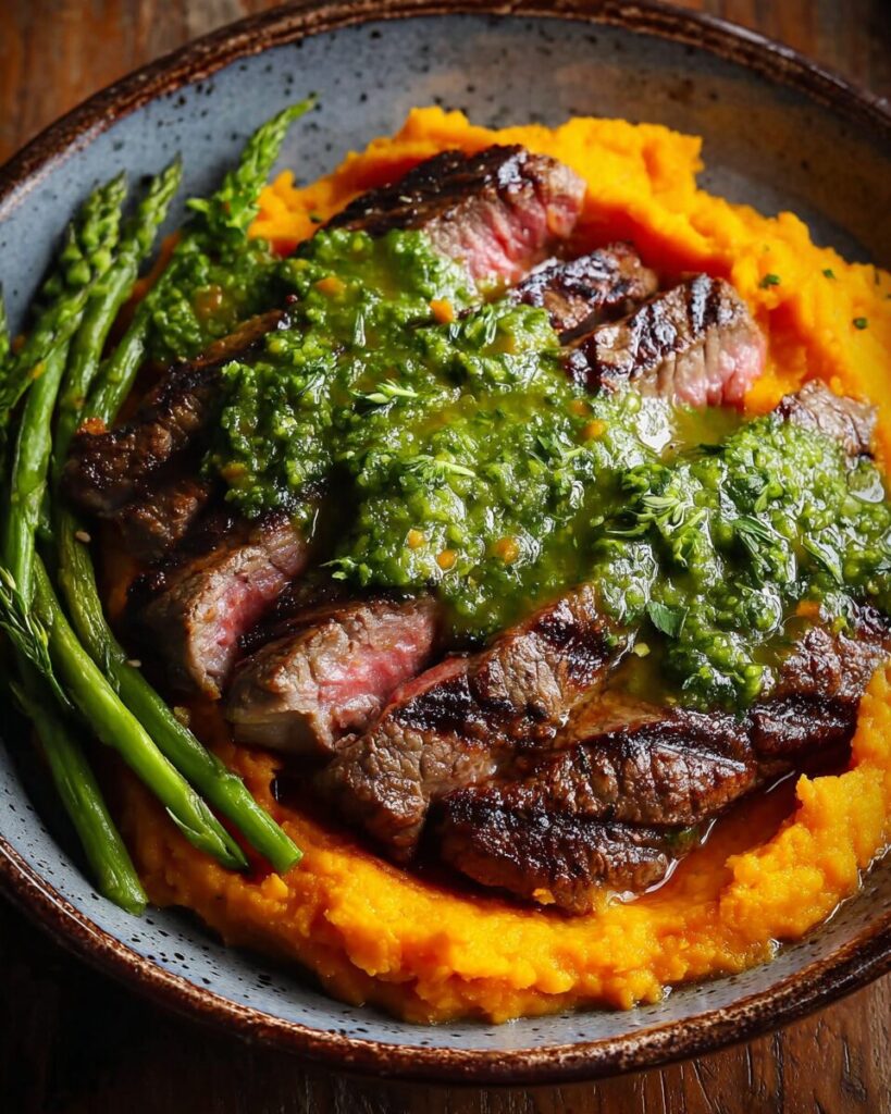 Steak with Green Sauce and Mashed Sweet Potatoes