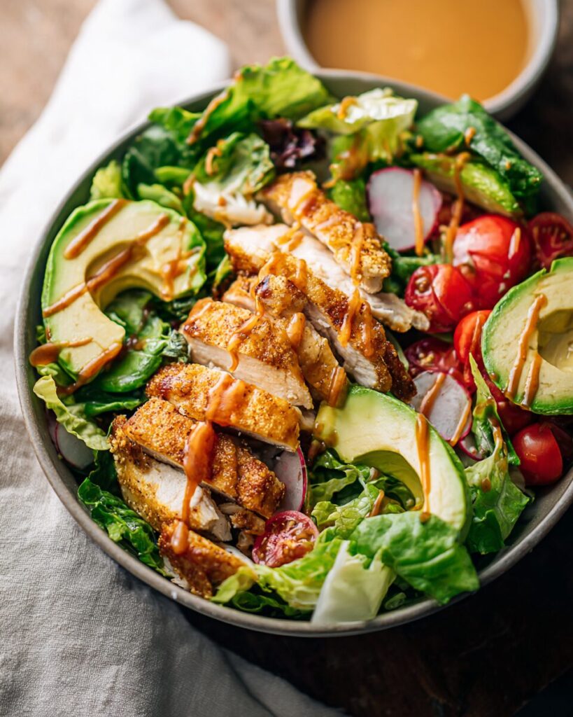 crispy chicken salad with sriracha honey BBQ
