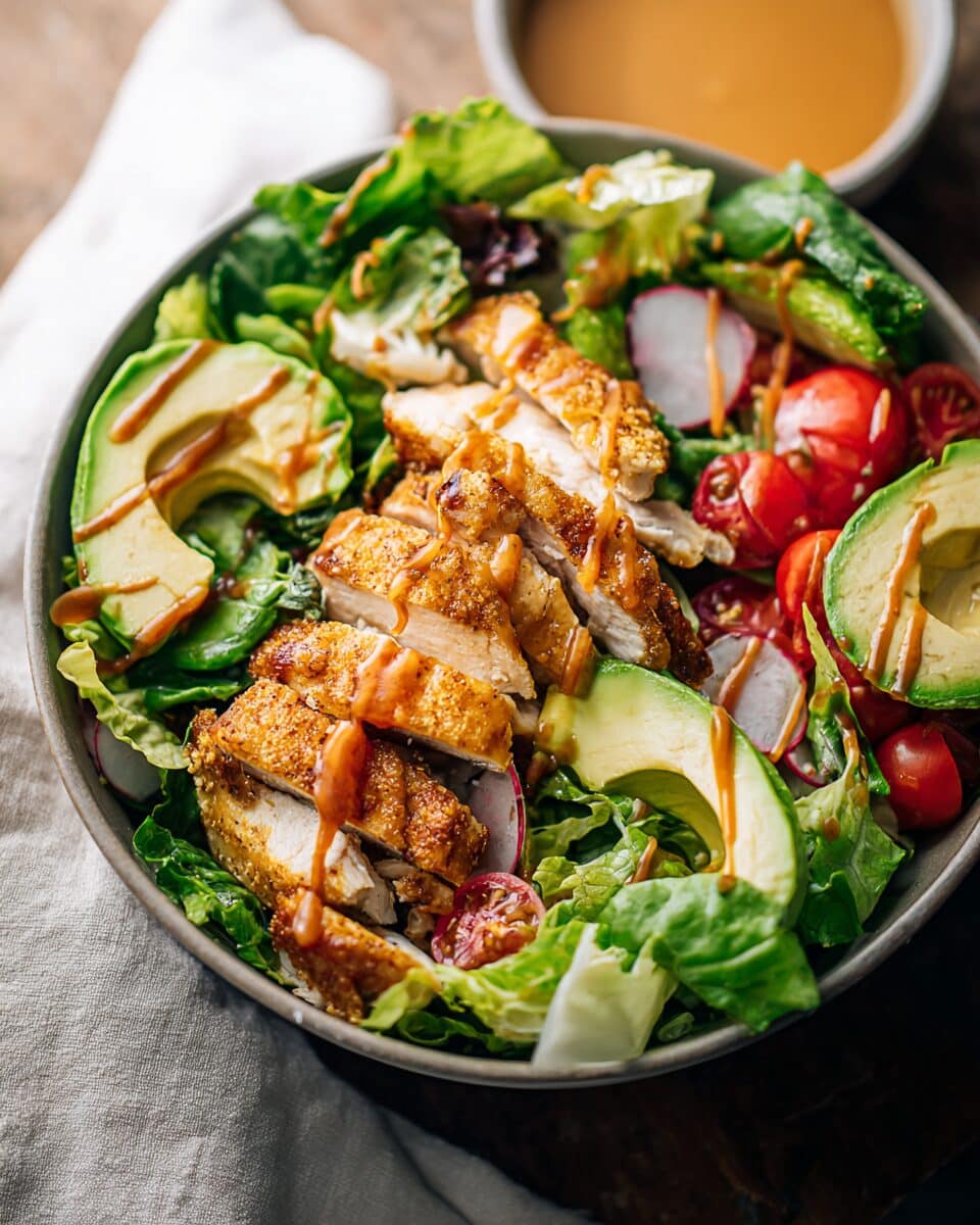 crispy chicken salad with sriracha honey BBQ