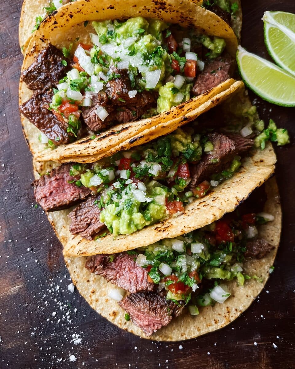 Grilled steak tacos with avocado salsa
