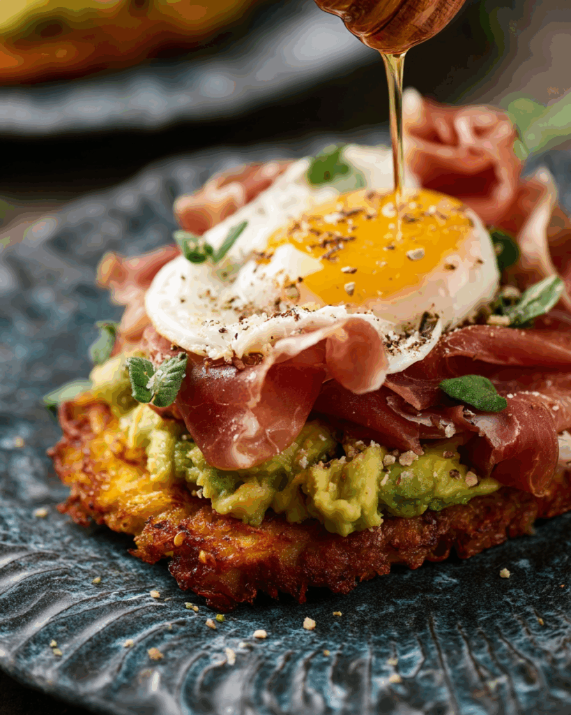 Hash Brown Avocado Toast with Prosciutto