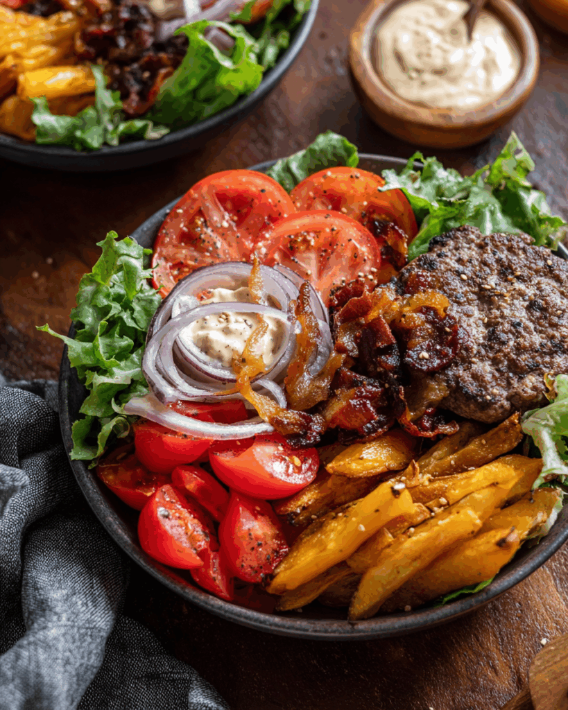 Burger Bowls with Caramelized Onion Aioli