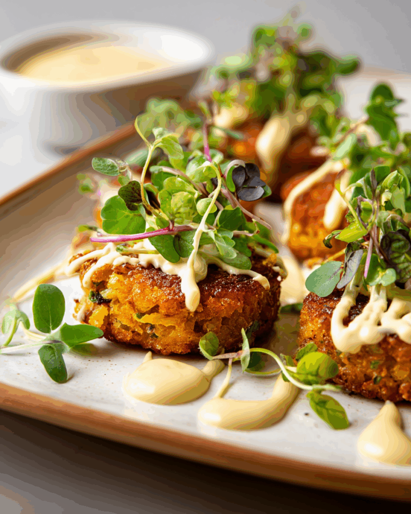 Saffron Risotto Cakes with Lemon Aioli and Microgreens