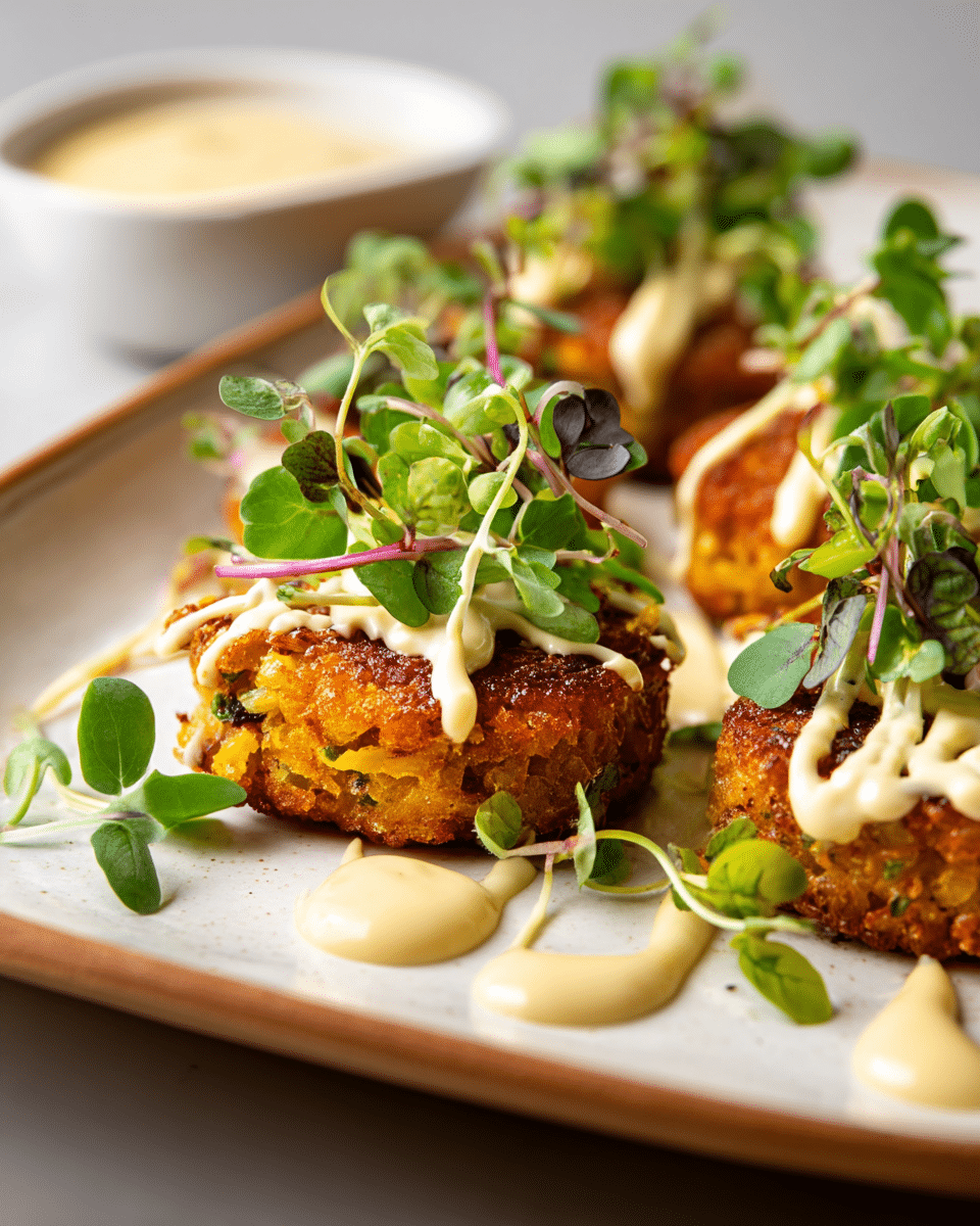 Saffron Risotto Cakes with Lemon Aioli and Microgreens
