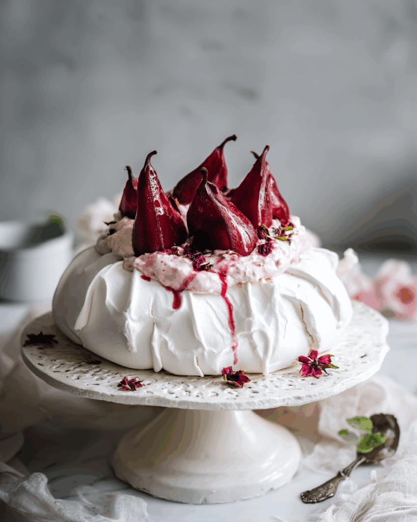 Hibiscus Poached Pear Pavlova