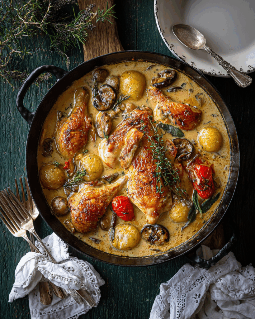 herb-roasted chicken in creamy white wine sauce