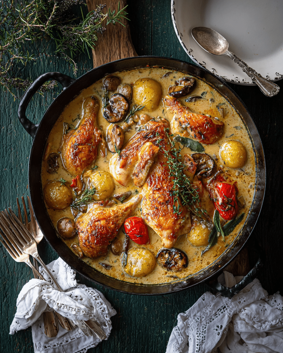 herb-roasted chicken in creamy white wine sauce