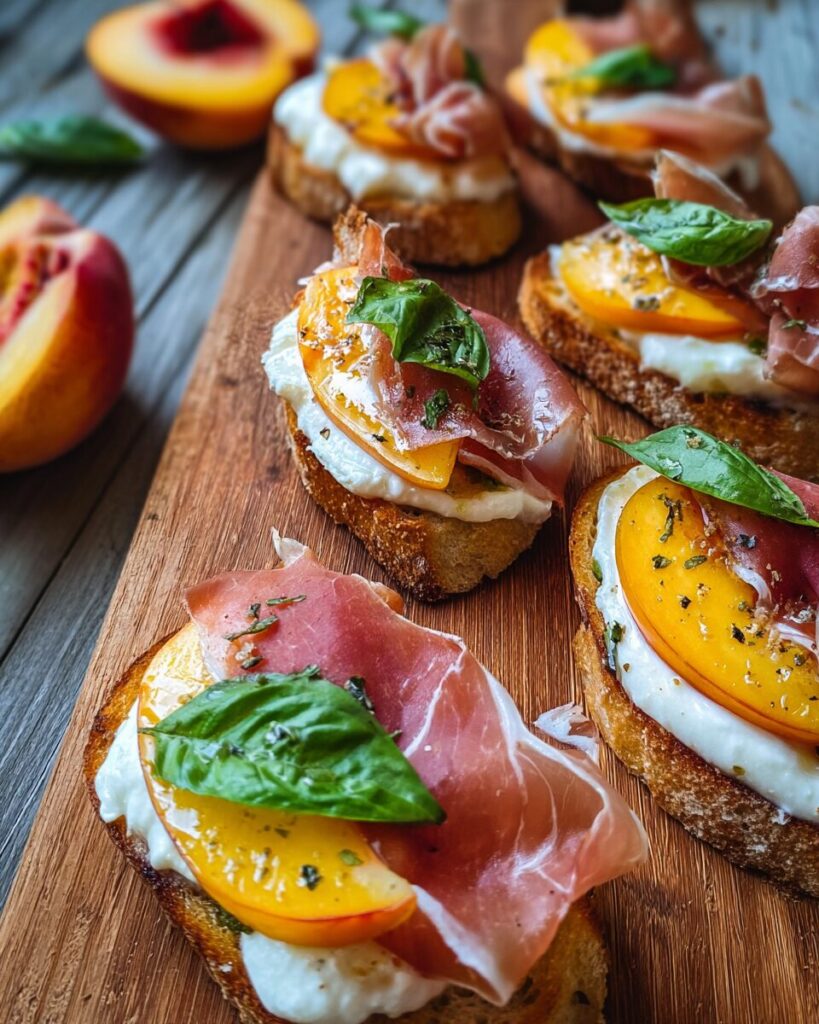 Cheesy Burrata Crostini with Prosciutto and Peaches