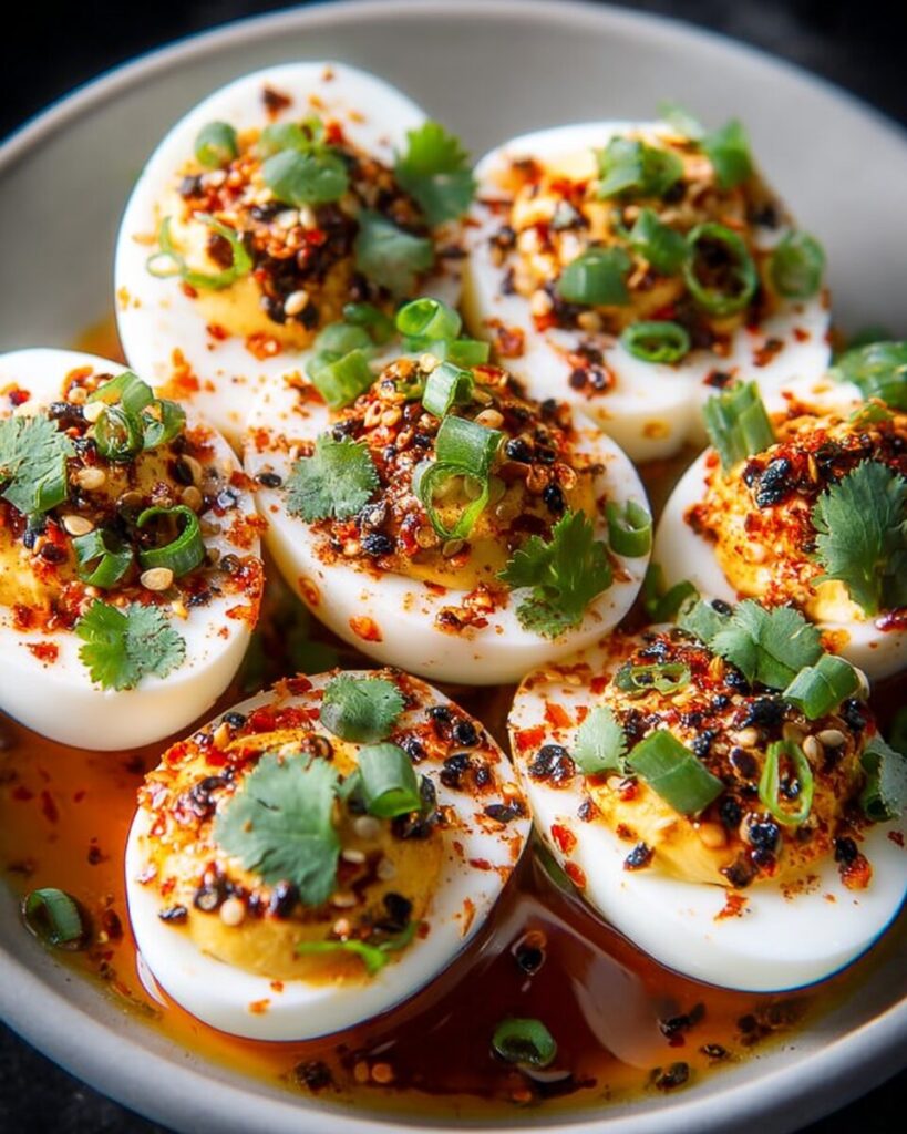 Spicy Chili Garlic Deviled Eggs