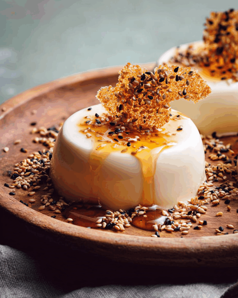 Sesame Panna Cotta with Maple Toffee Crisp