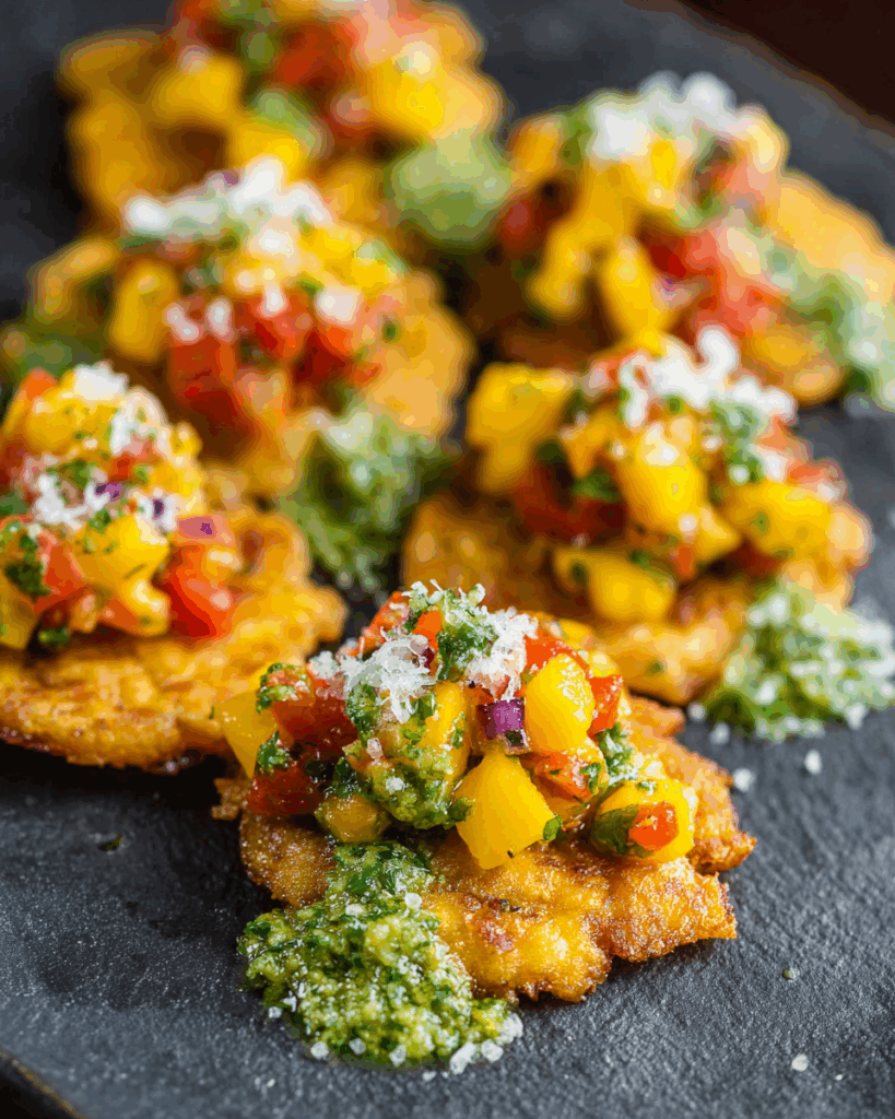 Tostones with Mango Salsa & Cilantro Chimichurri