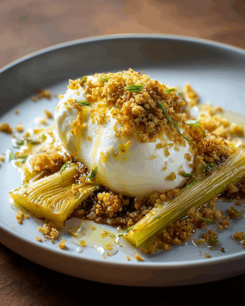 Burrata with Braised Leeks & Mustard Breadcrumbs