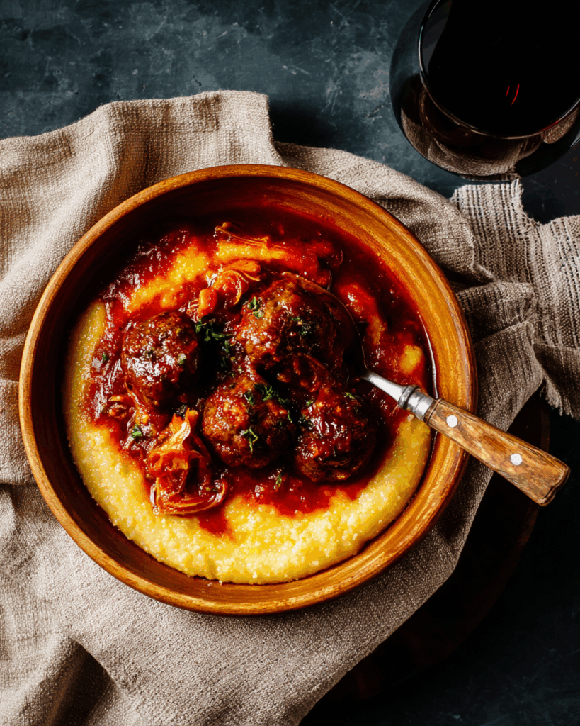 Luscious Red-Wine Braised Meatballs Over Cheesy Polenta