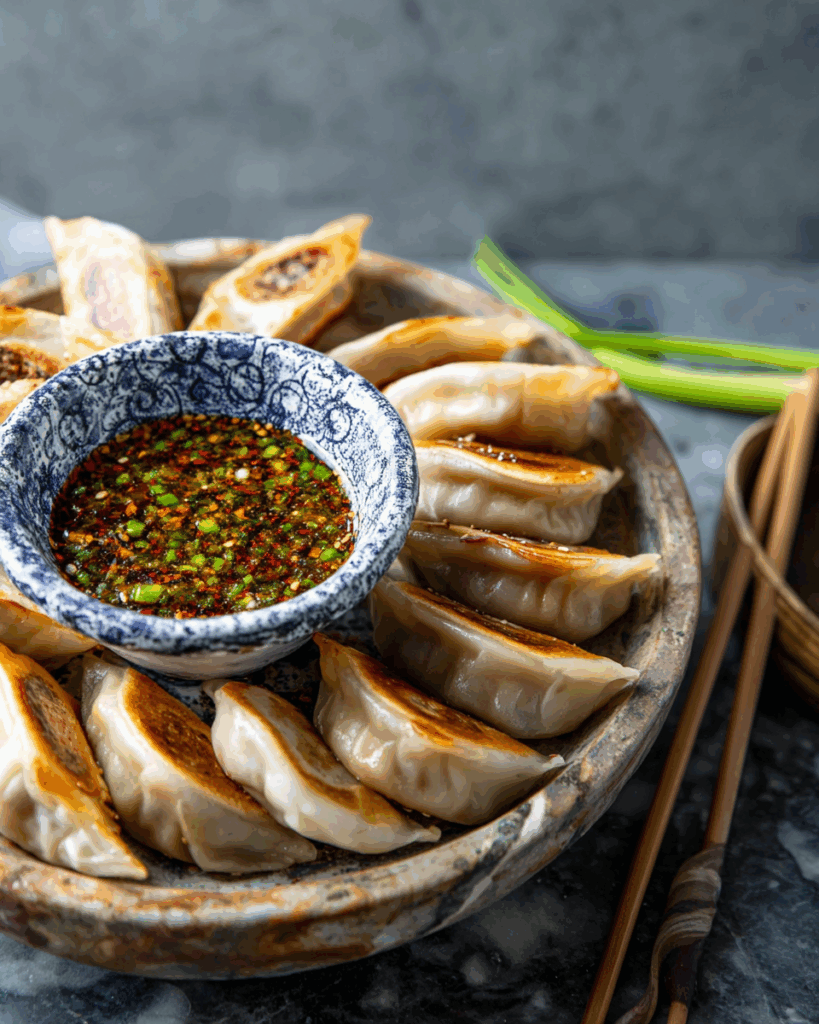 Sheet Pan Spicy Chicken Potstickers with Ginger Sauce
