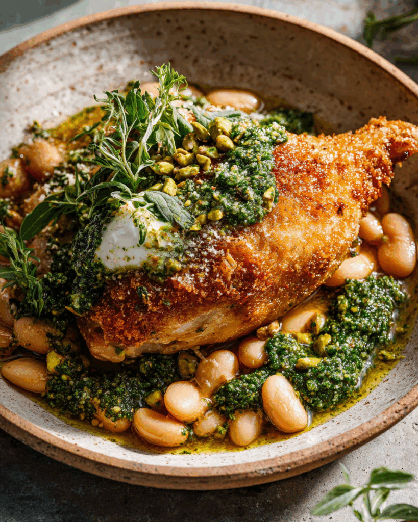 One-Pan Crispy Chicken with Cannellini Beans & Pistachio Pesto