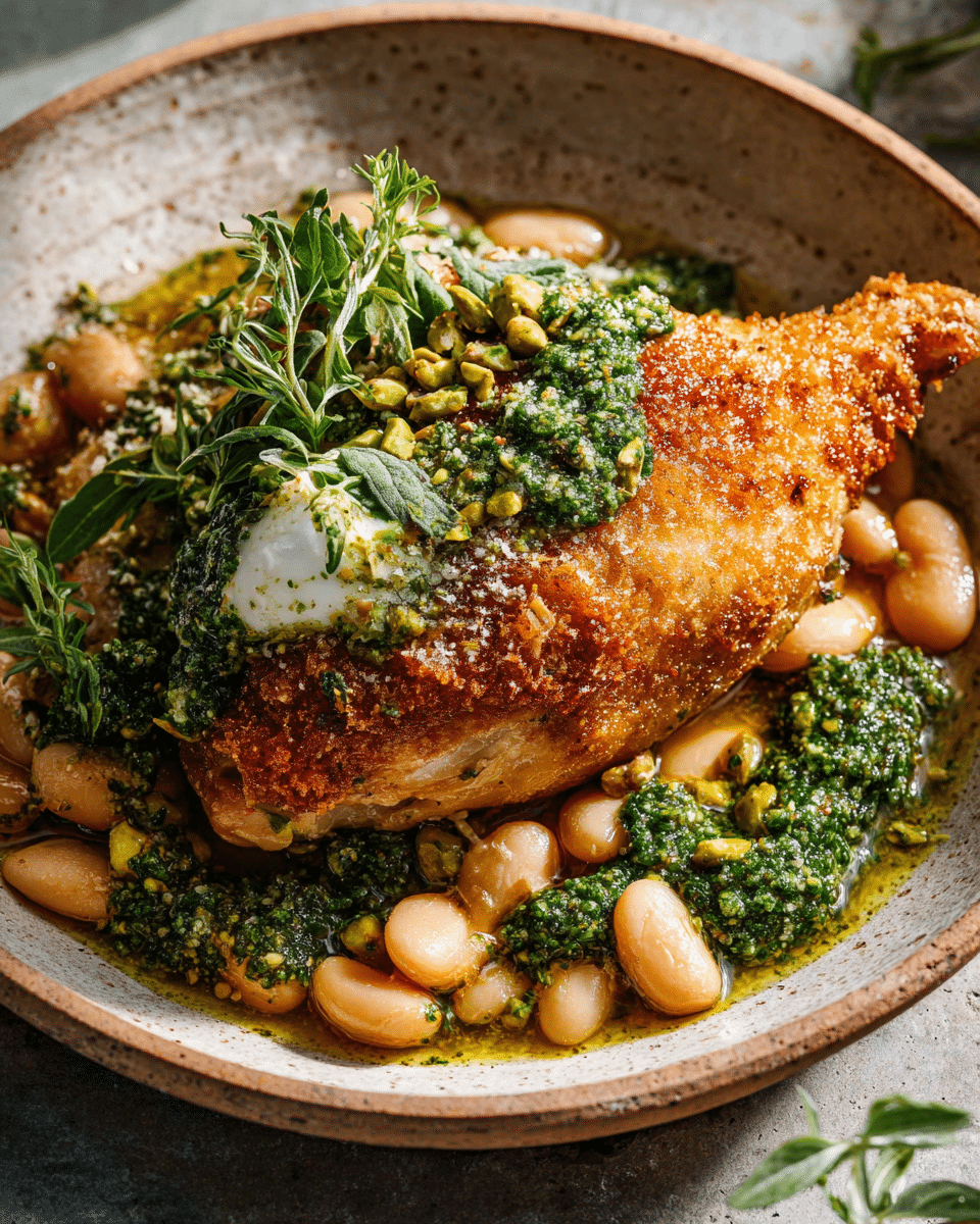 One-Pan Crispy Chicken with Cannellini Beans & Pistachio Pesto