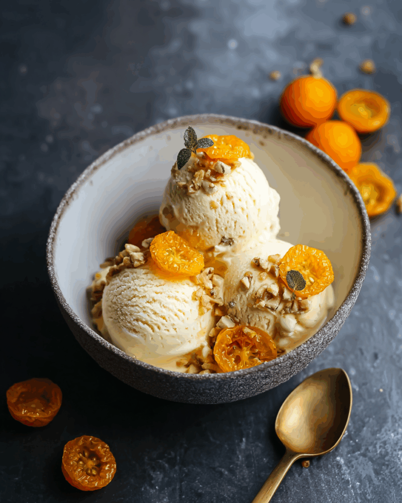 Kumquat Ice Cream with Candied Kumquats & Cashew-Sunflower-Seed-Ginger Praline