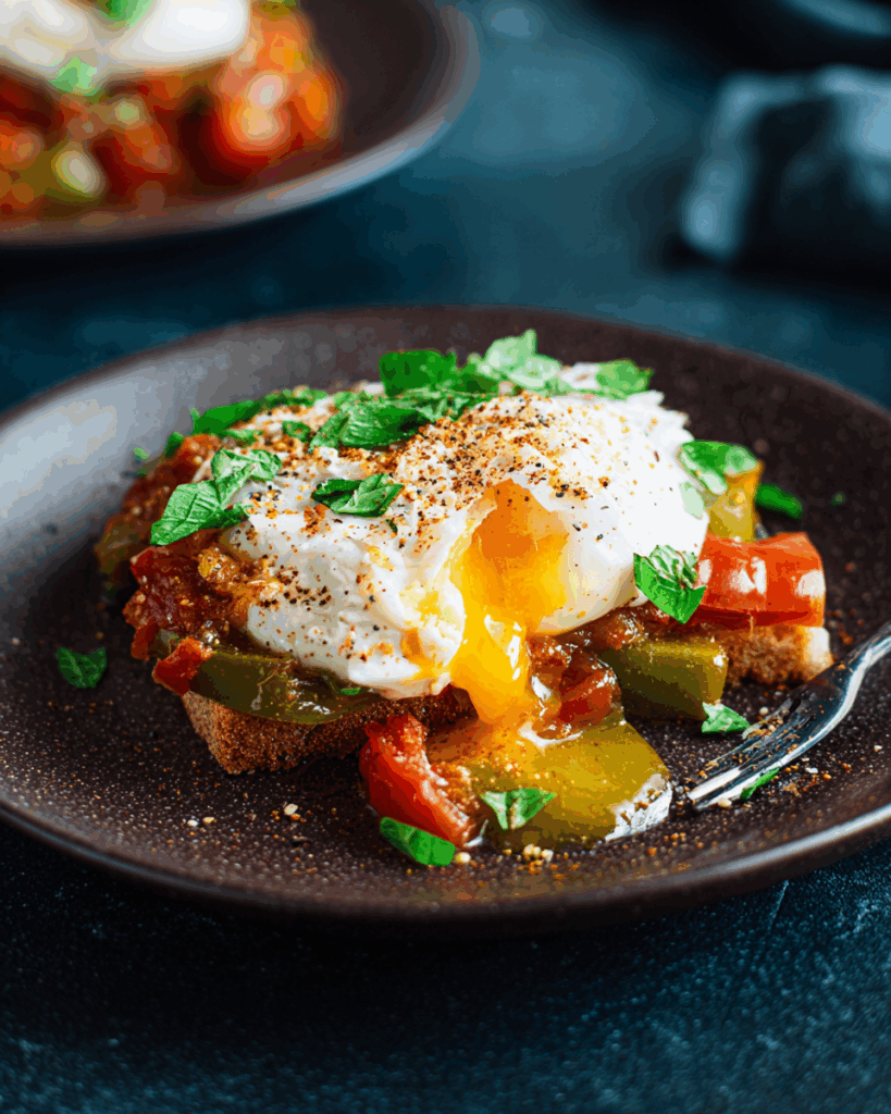 Roasted Anaheim Pepper & Tomato Poached Eggs