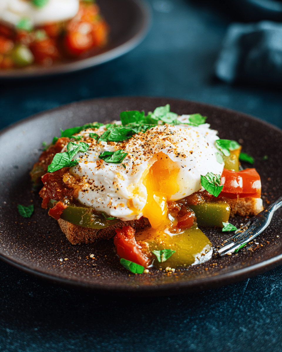Roasted Anaheim Pepper & Tomato Poached Eggs
