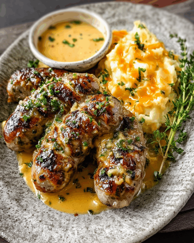 Hasselback Brats with Honey Mustard & Two Mashed Potatoes