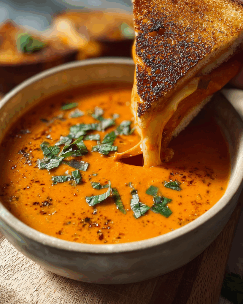 Creamy Tomato Basil Soup & Focaccia Grilled Cheese
