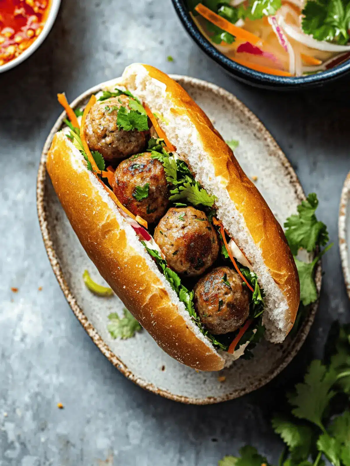 Vegan banh mi with lemongrass meatballs