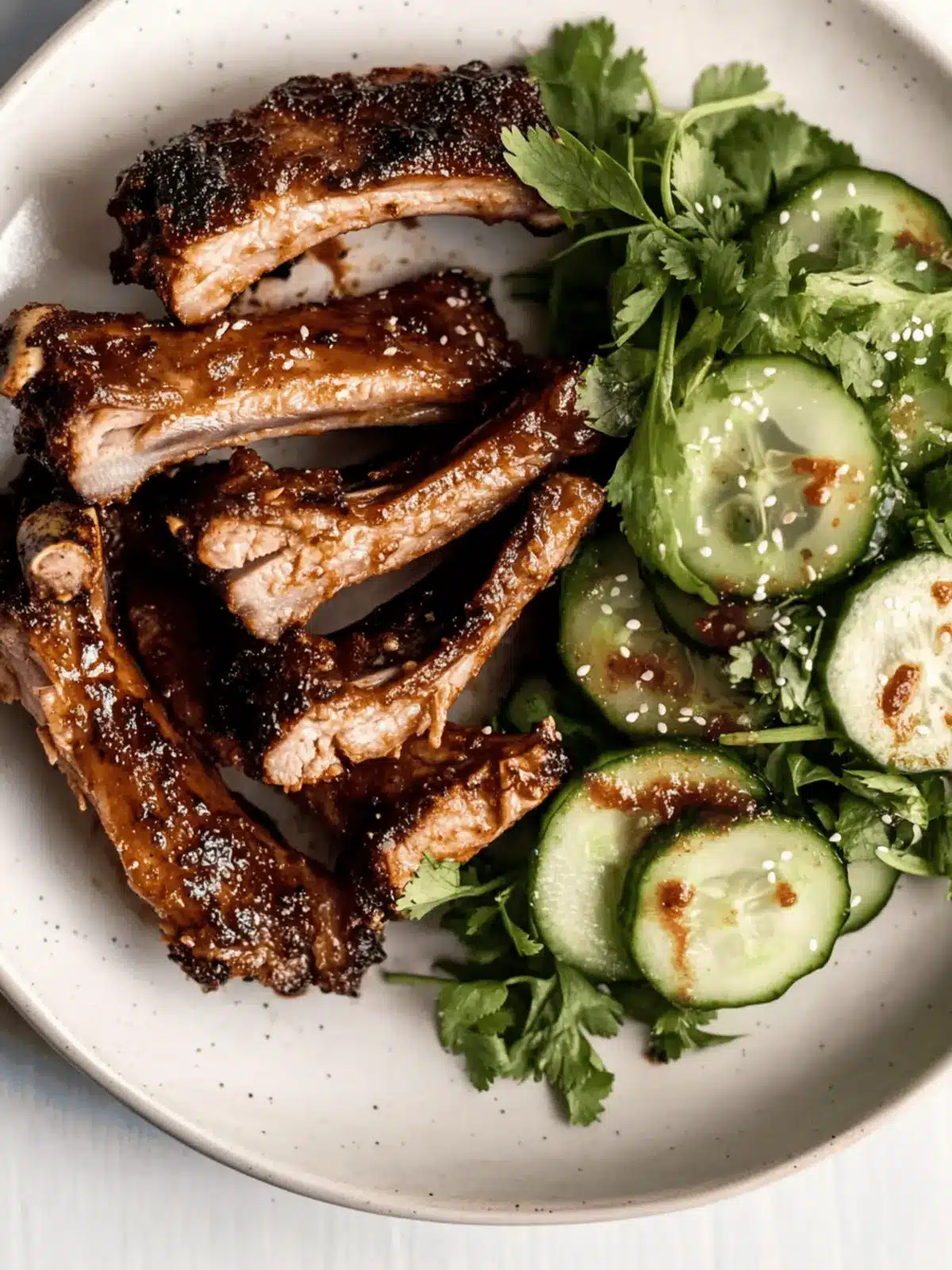 Togarashi Pork Ribs with Cucumber Herb Salad