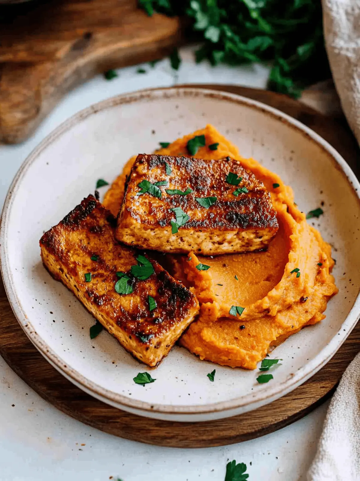 Tofu Steak with Mashed Sweet Potato