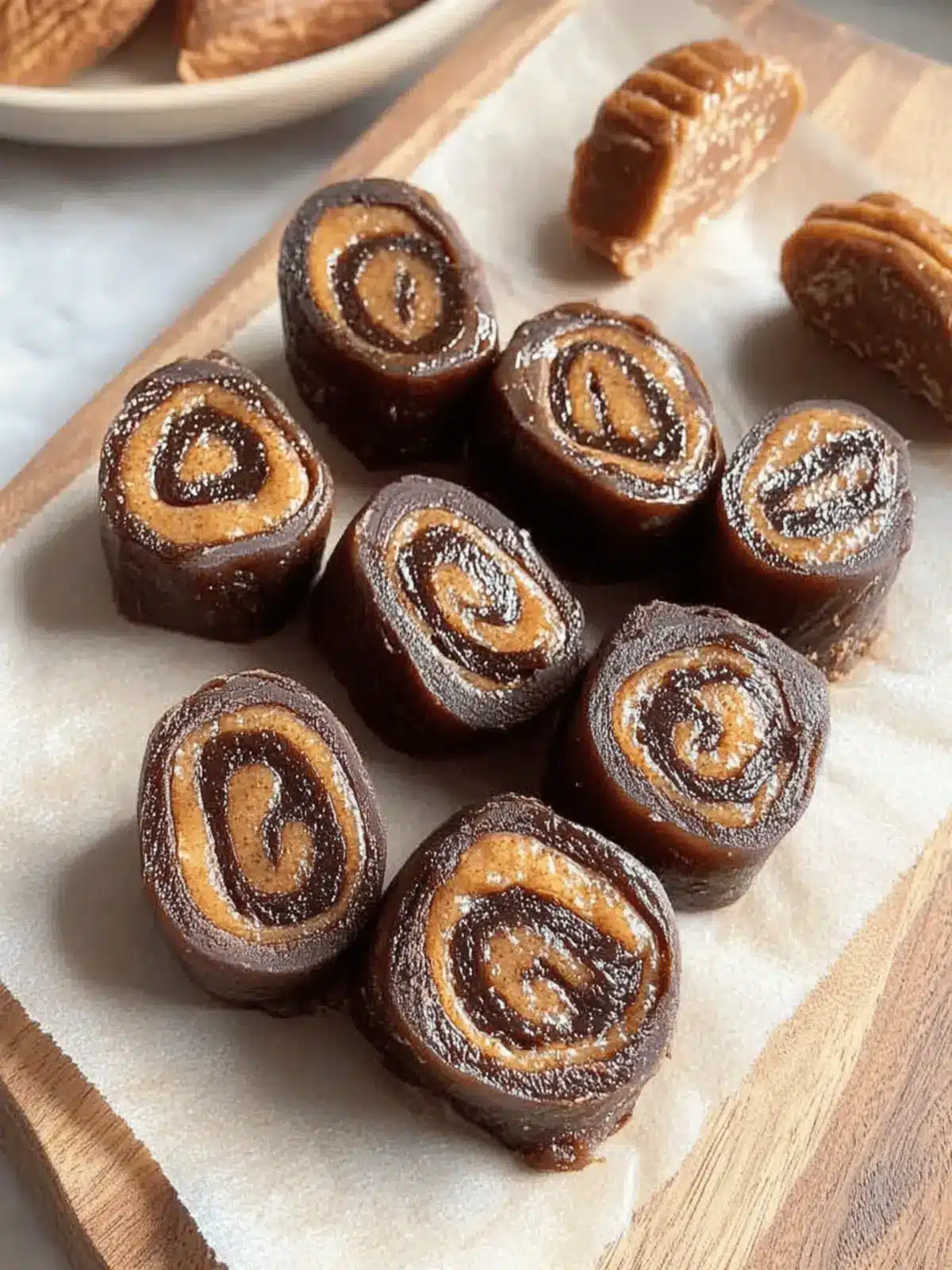 No Bake Chocolate and Peanut Butter Date Caramel Rolls