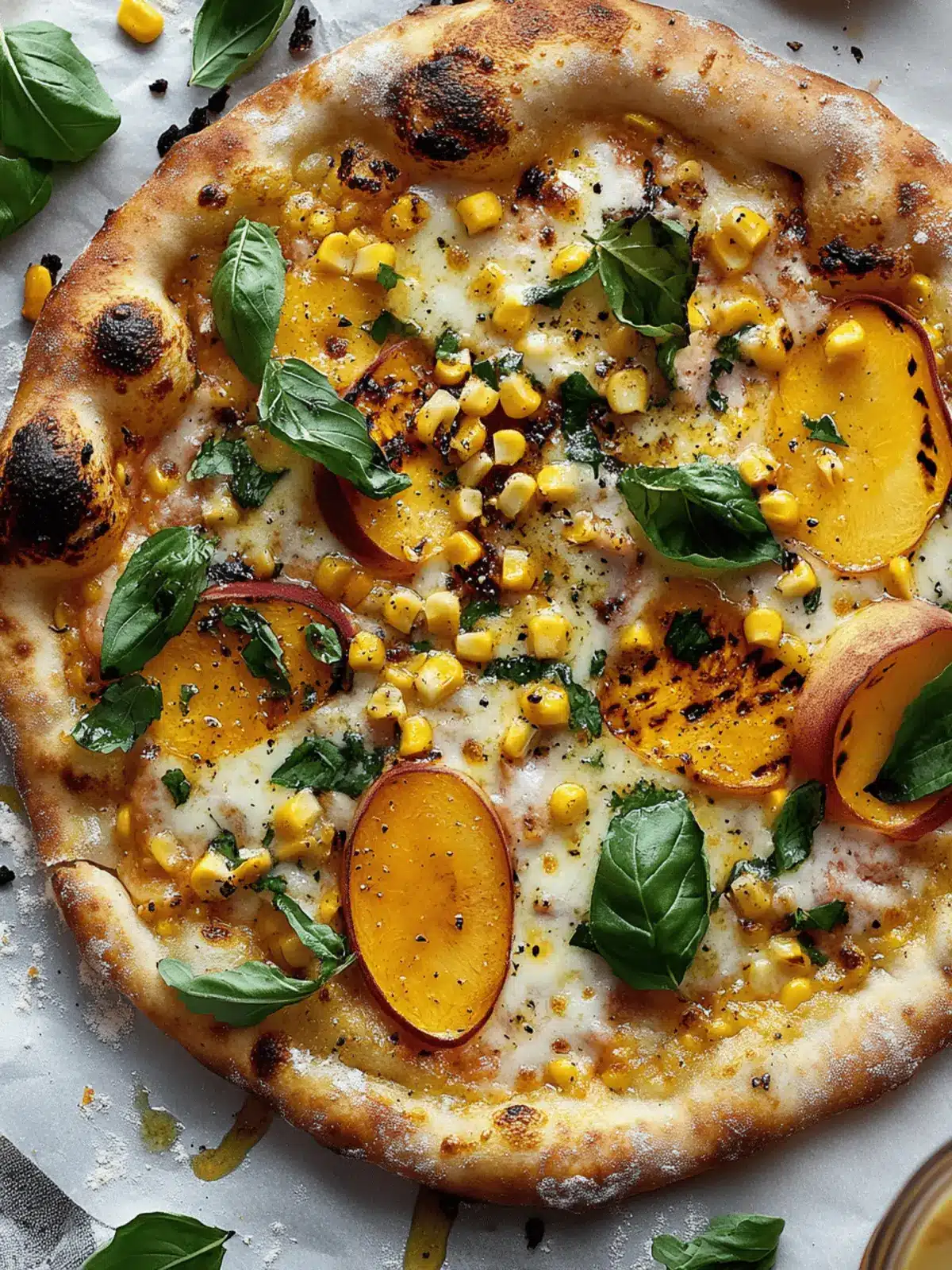 Grilled Peach Pizza with Corn and Chili Garlic Sauce.