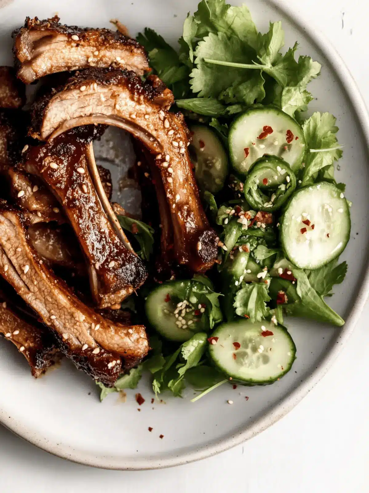 Togarashi Pork Ribs with Cucumber Herb Salad