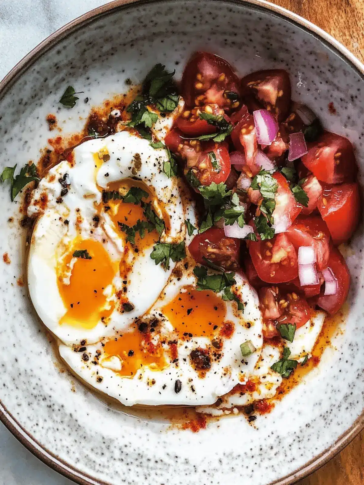 Poached Eggs with Yogurt, Tomato, Onion and Cumin Chili Oil