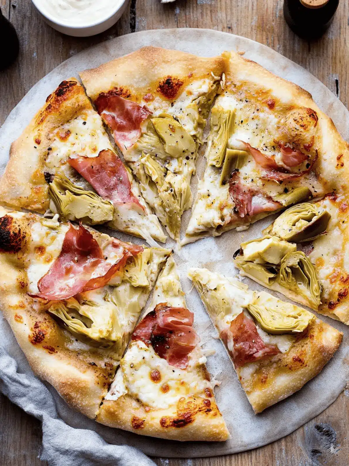 Cheesy Artichoke Pizza with Prosciutto Cotto