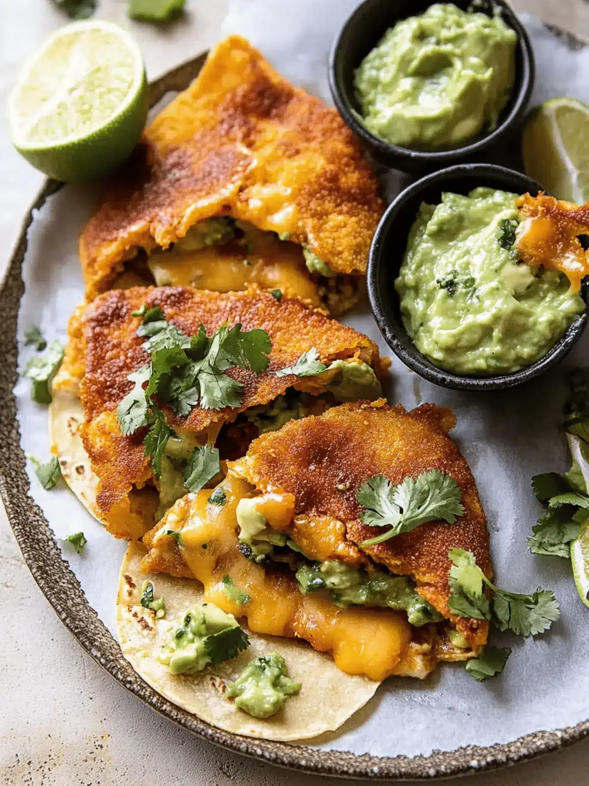 Crispy Cheese Chicken Tacos with Avocado Cilantro Sauce.