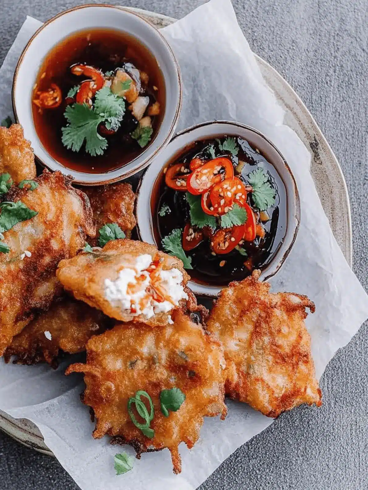 Onion and feta fritters with sweet chilli soy dipping sauce