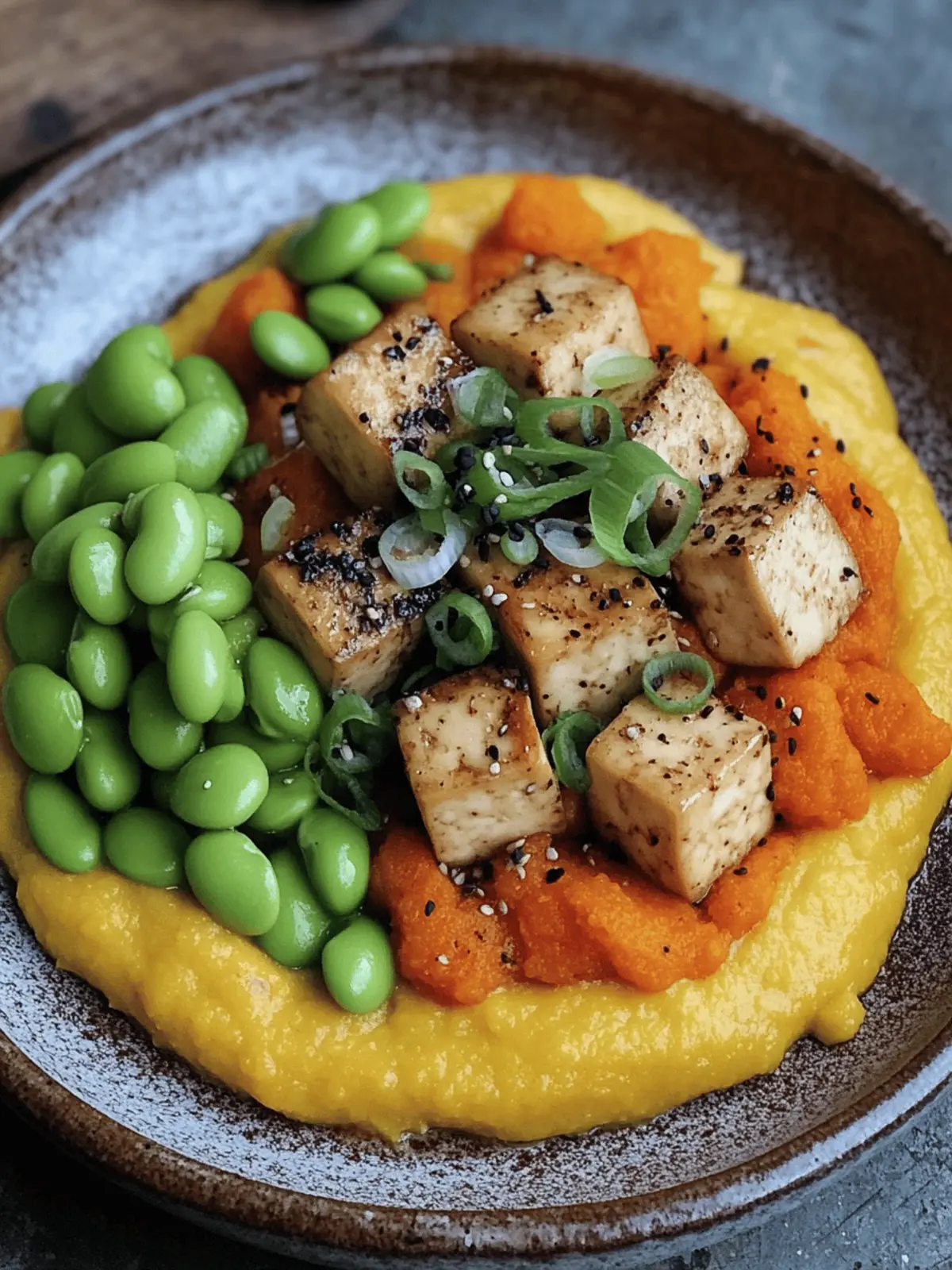 Miso tofu with ginger carrot purée and edamame