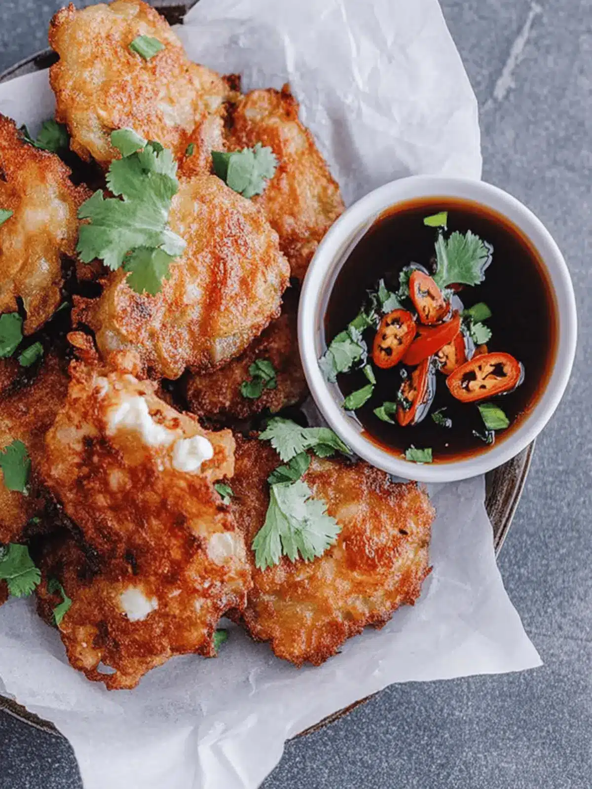 Onion and feta fritters with sweet chilli soy dipping sauce