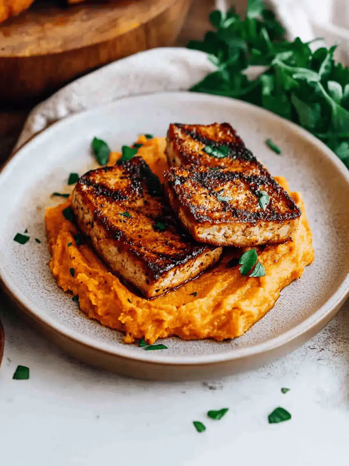 Tofu Steak with Mashed Sweet Potato