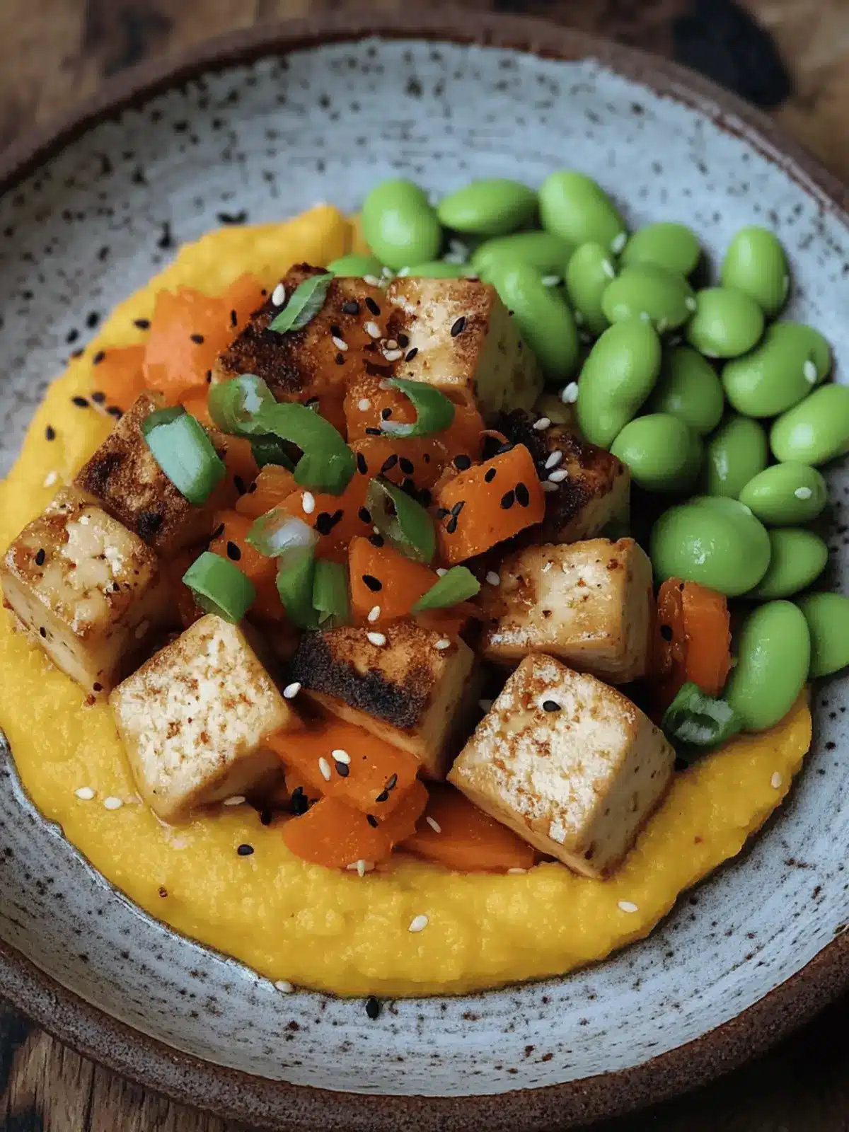 Miso tofu with ginger carrot purée and edamame