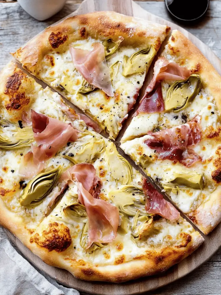 Cheesy Artichoke Pizza with Prosciutto Cotto