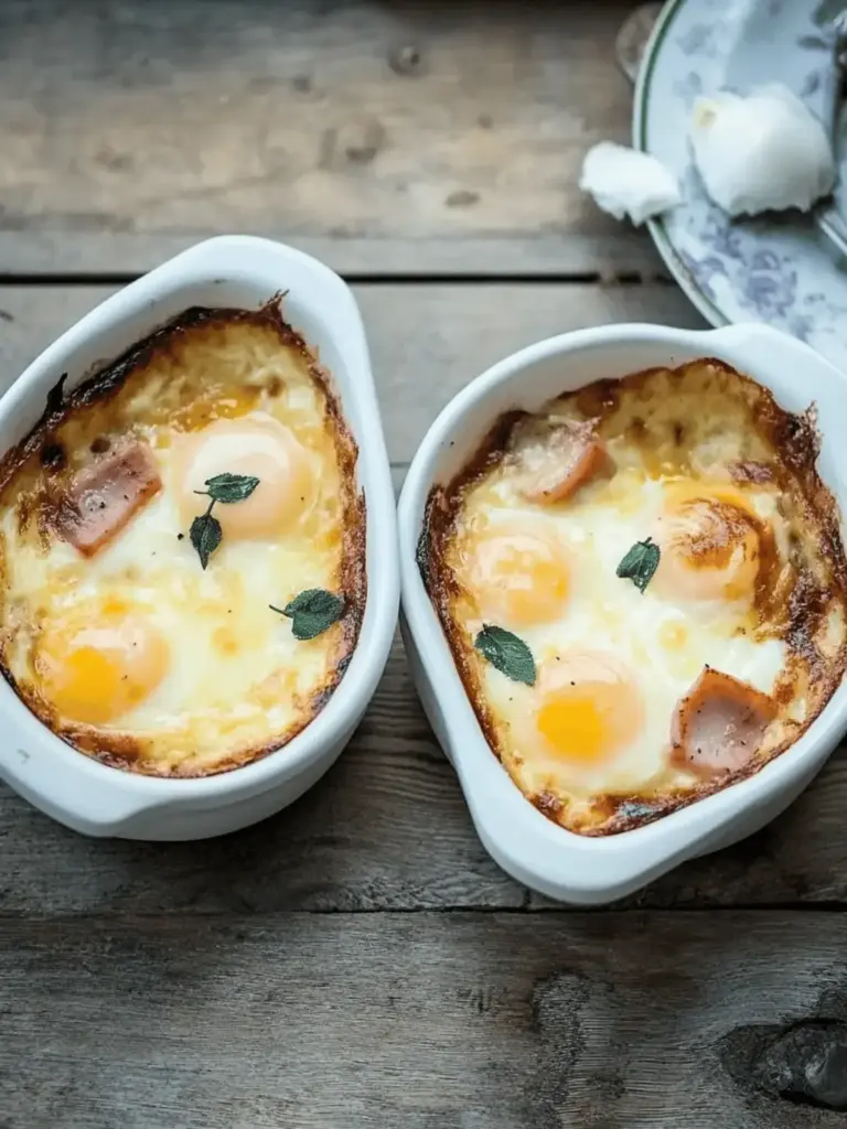 Baked eggs with ham and tomato