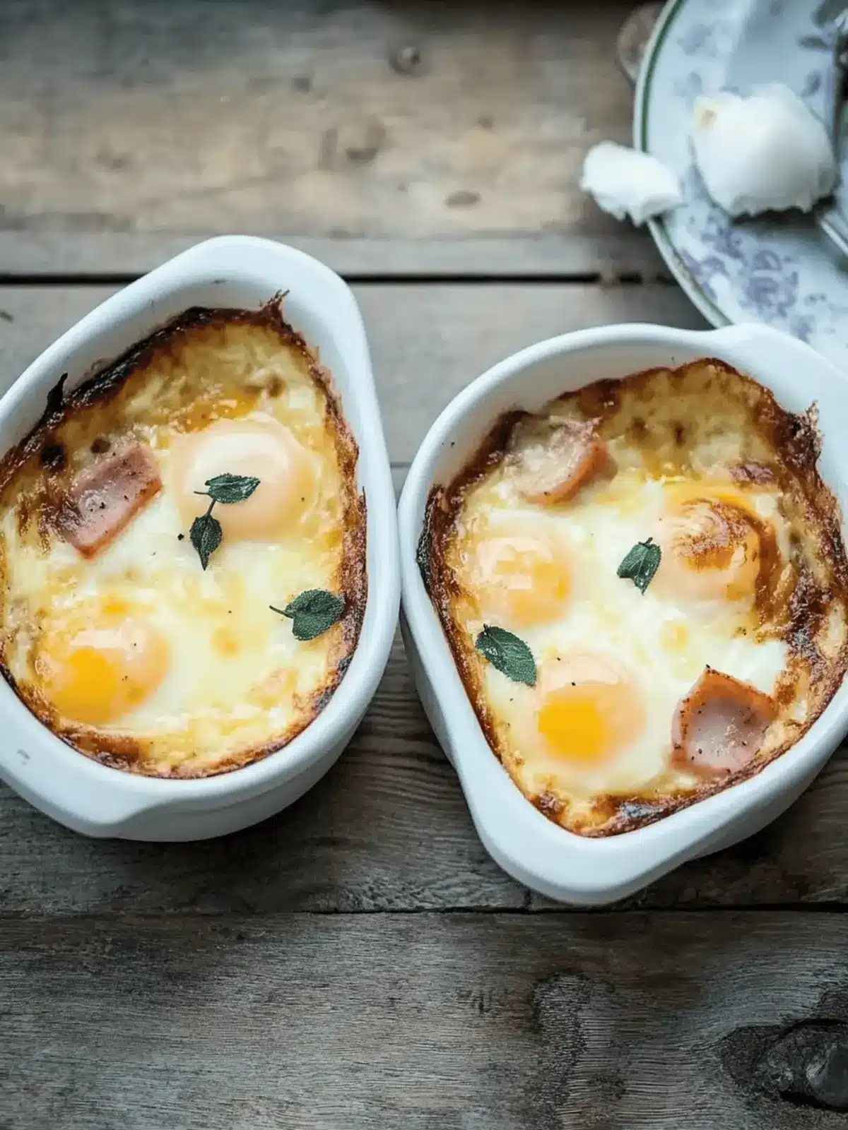 Baked eggs with ham and tomato