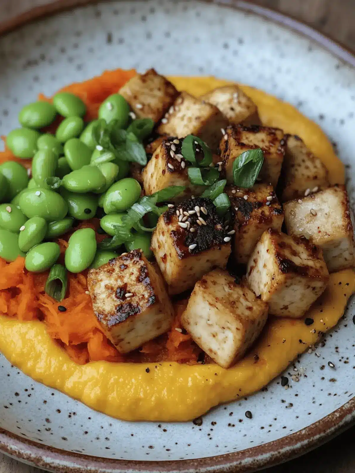 Miso tofu with ginger carrot purée and edamame