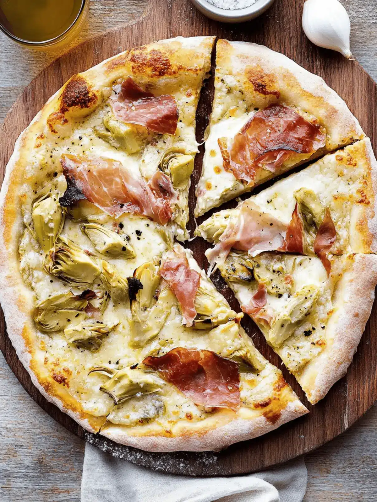 Cheesy Artichoke Pizza with Prosciutto Cotto