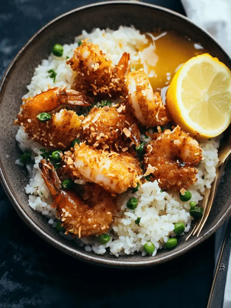 Baked Coconut Shrimp with Springy Rice and Honey Butter Sauce