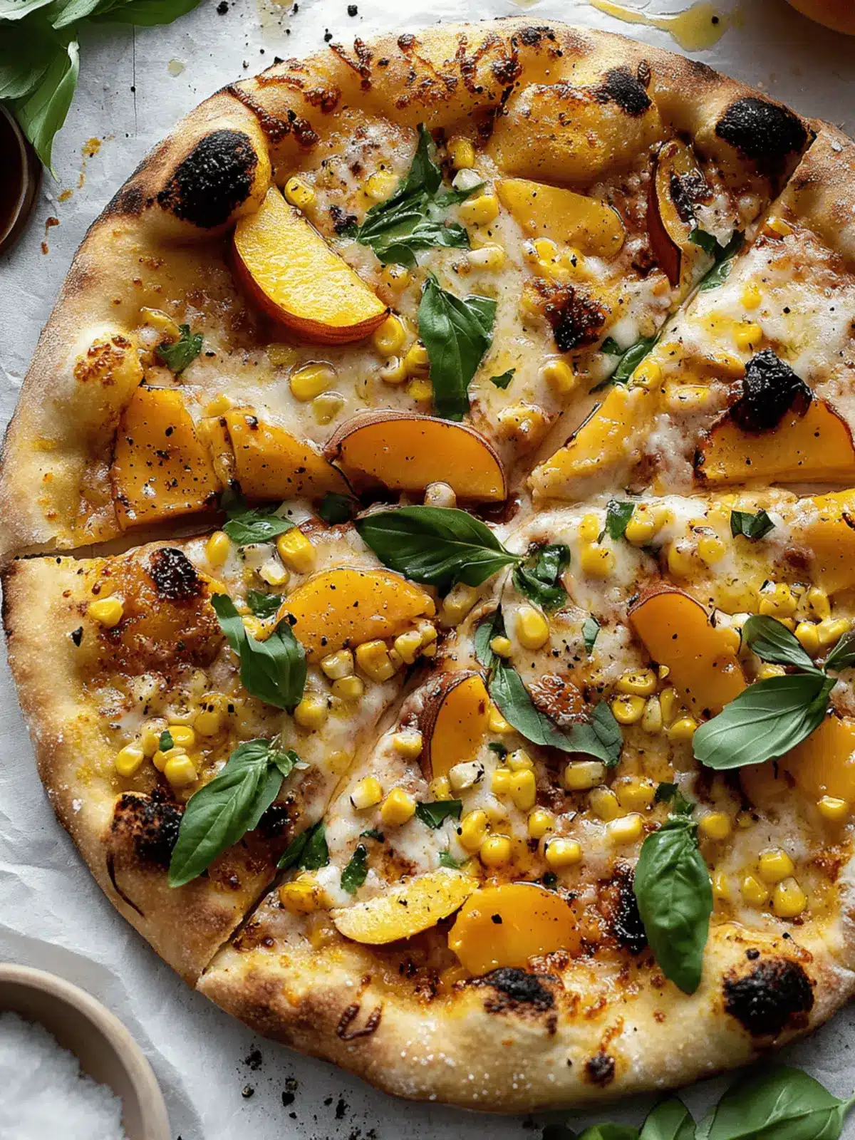 Grilled Peach Pizza with Corn and Chili Garlic Sauce.