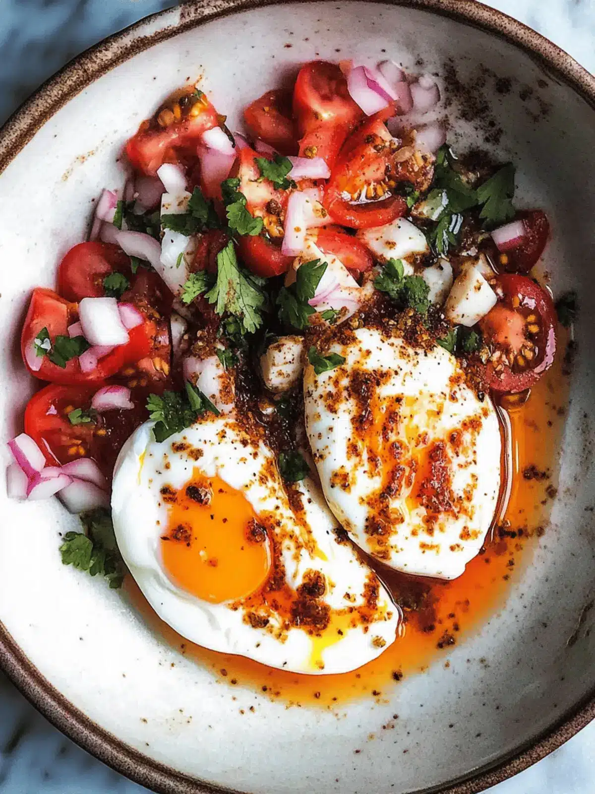 Poached Eggs with Yogurt, Tomato, Onion and Cumin Chili Oil