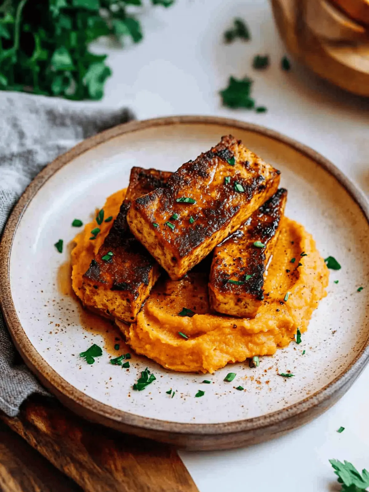 Tofu Steak with Mashed Sweet Potato