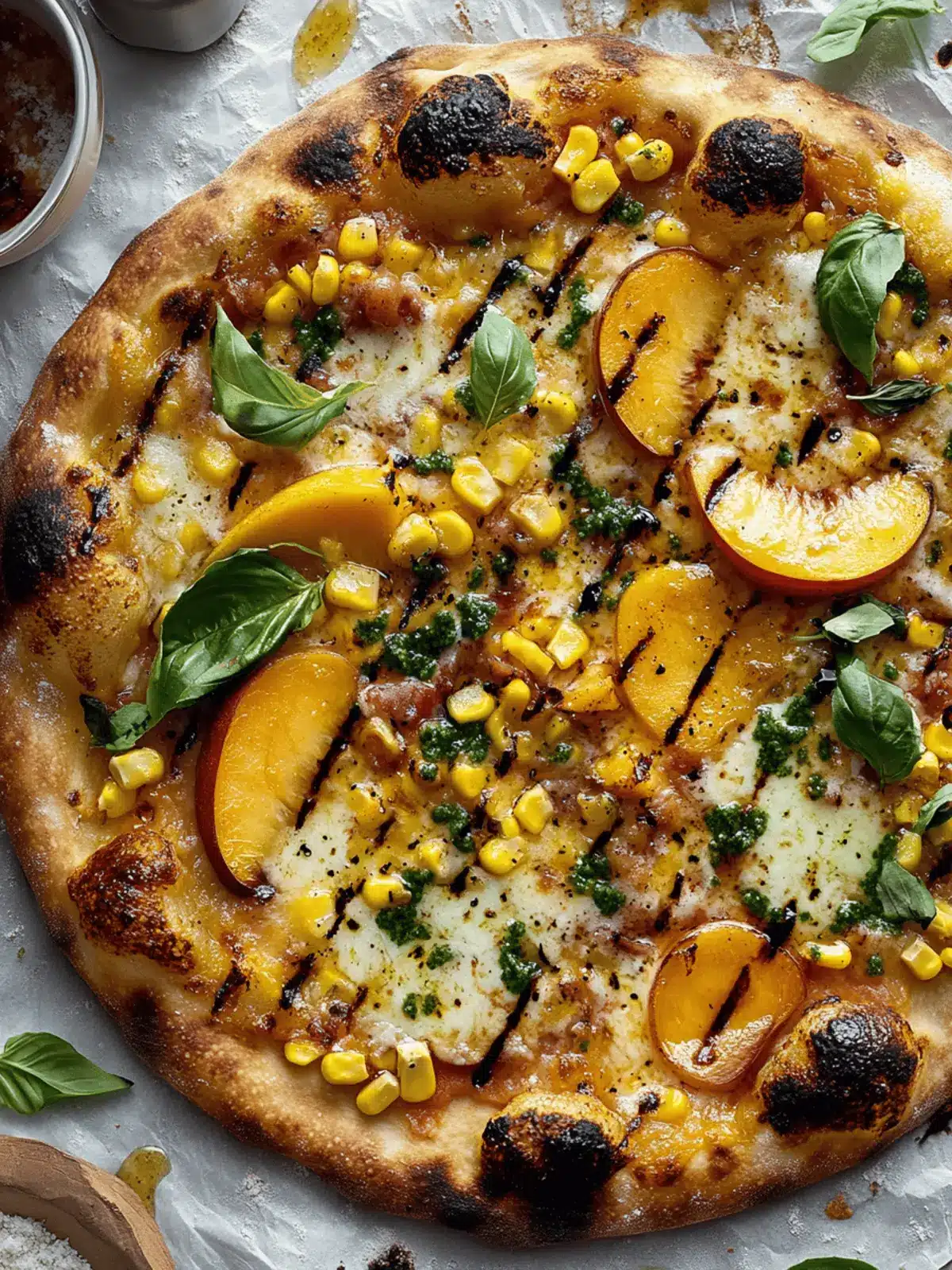 Grilled Peach Pizza with Corn and Chili Garlic Sauce.