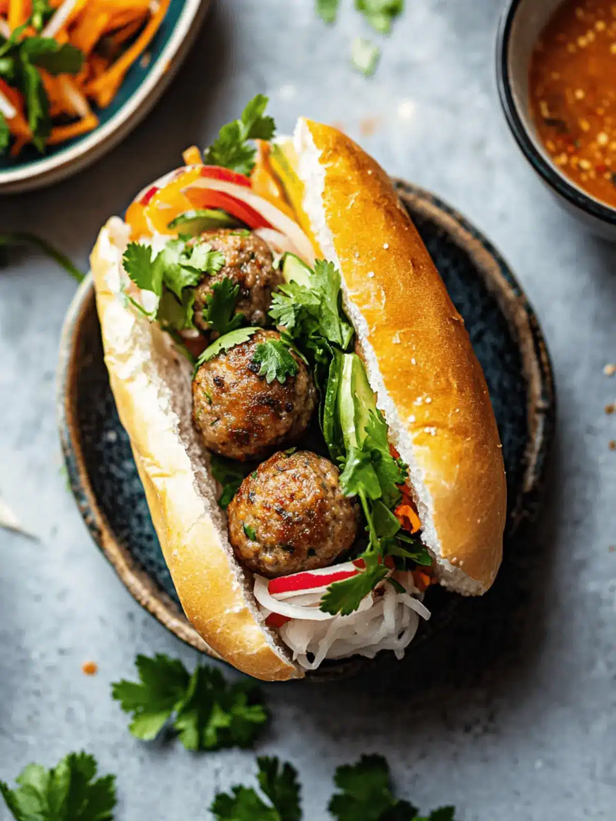 Vegan banh mi with lemongrass meatballs